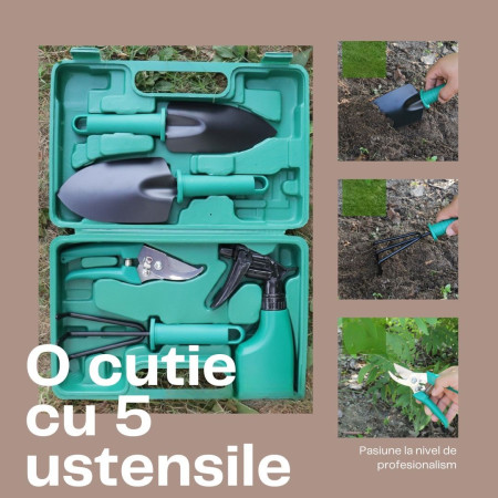 Set 5 Accesorii Grădinărit cu Geantă Depozitare, Oțel Inoxidabil, Foarfecă + Gheruțe + Pulverizator, 18.5 x 29.5 cm, Verde