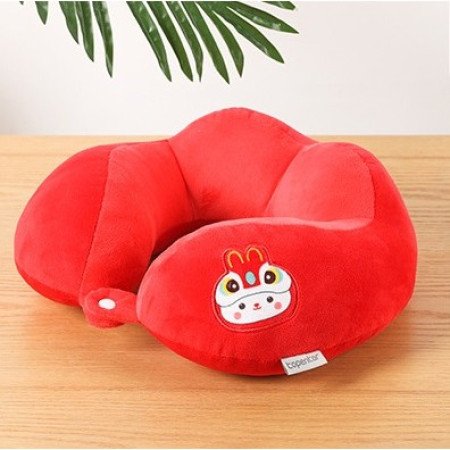 Pernă TravelBunny, Suport Ergonomic pentru Gât și Cap, Umplutură din Bumbac, Model Brodat Iepure, 28x28x10 cm, Roșu