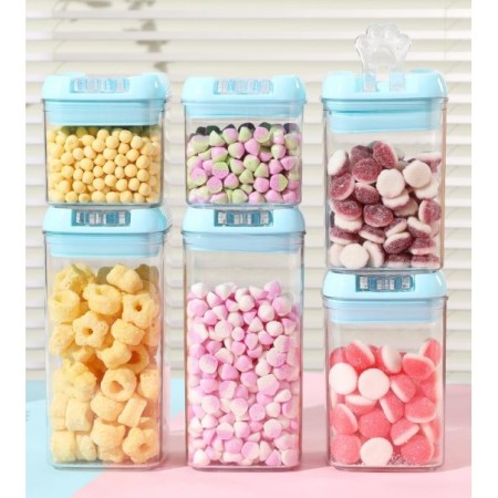 Set 6 Recipiente Depozitare Alimente din Plastic – 0.5L, 0.8L, 1.2L – Capace Albastre, Cutii Etanse pentru Cereale, Gustari, Frigider sau Camara