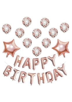 Set 12 Baloane si 1, Set pentru Aniversare, mesaj Happy Birthday, din folie de aluminiu, 30 -45 cm, Cu paiete, latex si folie, Rose Gold
