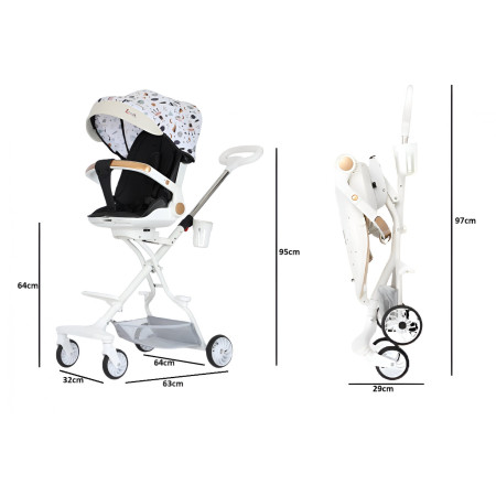 Cărucior Sport 3 în 1, Reversibil, Pliabil, Pozitie Somn, Tavă Masă, Roti 360°, Suport Pahar, Copertină Soare, Bej Cosmos, 6-36 Luni