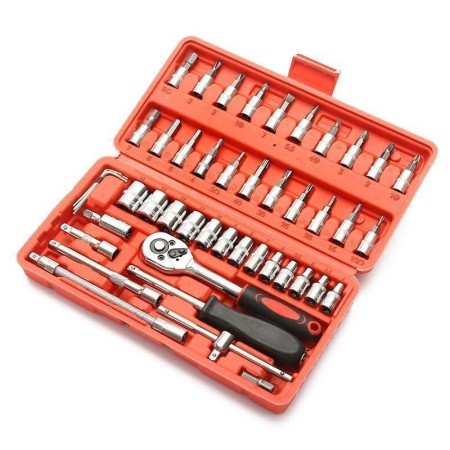 Chei tubulare Set 46 de Piese, Flippy, Trusa Scule de Reparatii Auto, Prelungitoare Rigid si Flexibil, Articulatie Cardanica, Antrenor de Forta Glisant, Adaptoare, Maner pentru Surubelnita, 23 x 12 x 4 cm, 1.9 kg, Cutie Rosie
