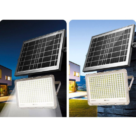 Proiector LED cu Panou Solar Flippy, Senzor de lumina Waterproof, 100W, 23x18 cm, suport U inclus, panou afisaj nivel baterie, telecomanda, 220V, Design Modern, Alb