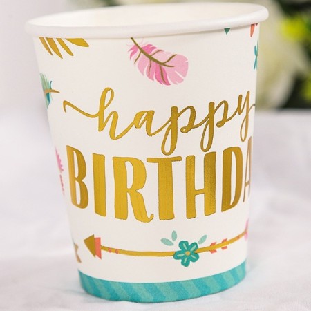 Set 10 Pahare, Flippy, Imprimeu Happy Birthday Gold, din Carton, 250 ml, 7.5 x 8.5 x 5.2 cm, Multicolor