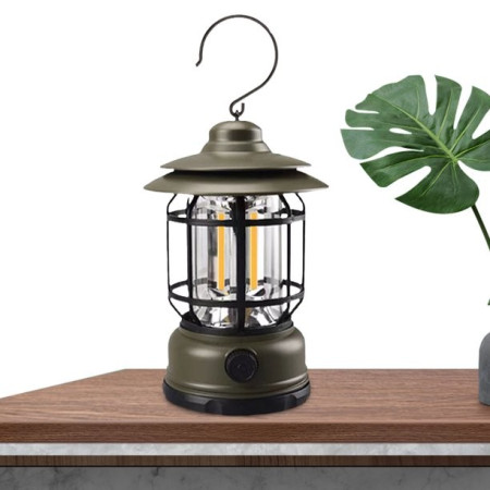Lampa Portabilă Camping Felinar Vintage cu Cârlig, 21 COB LED, 5W, ABS, Reglare Intensitate, 360°, Verde