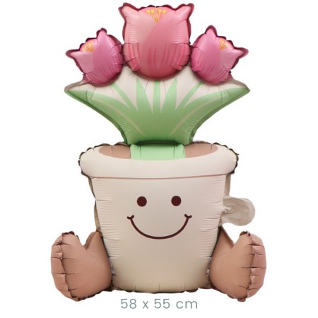 Balon din Folie Metalizata, Flippy, Figurina Animata, Model Ghiveci de Flori, 58 x 55 cm, Ambalaj Individual, Pai Inclus, Umflare cu Aer sau Heliu, Roz