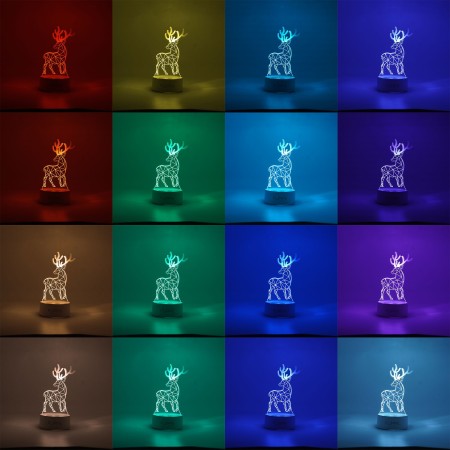 Lampa LED decorativa, Flippy, 3D, Cerb, cu telecomanda, doua moduri de alimentare USB si baterii, 20 cm inaltime, din material acril si lumina multicolora, alb