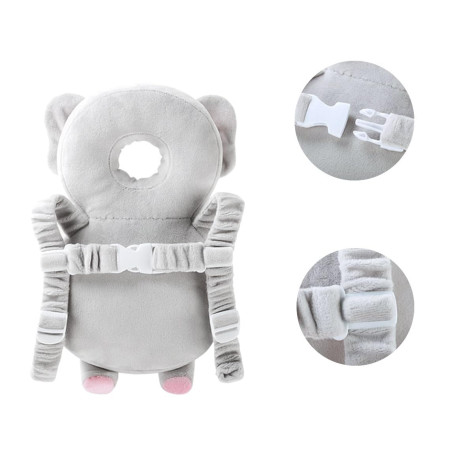 Rucsac cu Pernă de Protecție pentru Cap, Model Elefant din Plus, Suport Moale pentru Bebeluși, 33x6x19 cm, 180 g, Gri