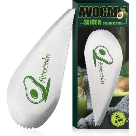 Taietor special pentru avocado Flippy, 3 in 1, forma curbata, zimti pentru apucare si taiere, din otel inoxidabil, 15 x 6 cm, gri