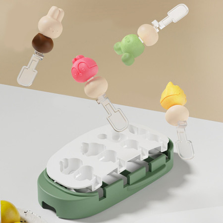 Forma pentru inghetata Flippy, 4 compartimente, forme cu animalute, materialsilicon si ABS, 21 x 12.8 x 3cm, verde