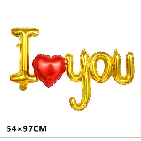 Set Baloane Folie Metalizata, Flippy, Model I LOVE YOU cu Inimioara, 54x97 cm, Tematica Ziua Îndrăgostiților, Ambalaj Individual, Pai Inclus, Umflare cu Aer sau Heliu, Auriu