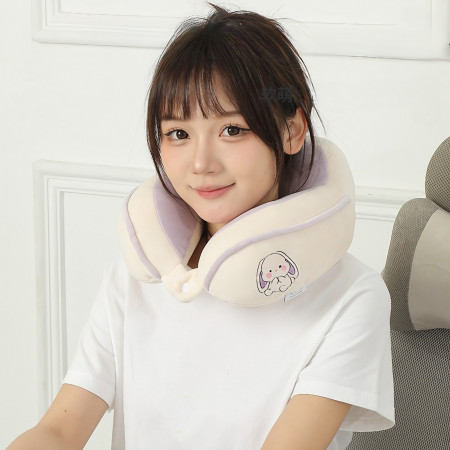 Pernă de Călătorie pentru Gât și Cap, Design Ergonomic, Umplutură Moale din Bumbac, Model Brodat Iepure, 28x28x10 cm, Lila