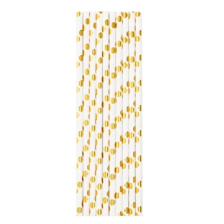 Set 10 Paie, Flippy, din Hartie, 19.5 cm, Model cu Buline Aurii, Alb