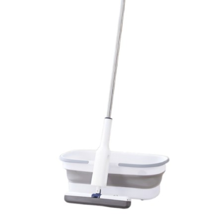 Set Mop cu Galeata Pliabila si Stoarcere Usoara – Gri, 32 cm, Maner Telescopic 140 cm, Sistem cu Roti si Mecanism dublu