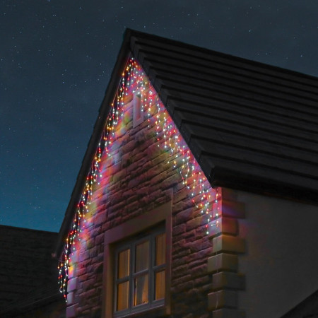 Instalatie Craciun Tip Franjuri/Turturi, 8 Jocuri de Lumini, Interconectabila, 4 m, 120 LED-uri, Prelungitor 1.5 m, Fir transparent, Multicolor
