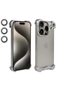 Husa Metalica Compatibila cu iPhone 15 Pro Max, Protectie pentru Colturile Telefonului si Camera, Lentile pentru Obiective, Aliaj, Antisoc, Antizgariere, Argintiu