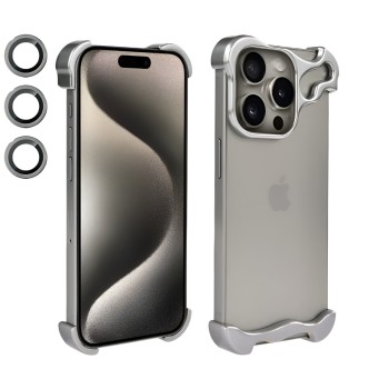 Husa Metalica Compatibila cu iPhone 15 Pro Max, Protectie pentru Colturile Telefonului si Camera, Lentile pentru Obiective, Aliaj, Antisoc, Antizgariere, Argintiu