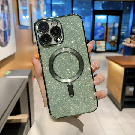 Husa de Protectie 2 in 1, Flippy, pentru iPhone 15 Plus, Glitter Chrome Magsafe, din TPU, Magnetica, cu Protectie Lentila, Verde