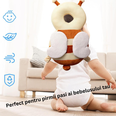 Pernă Rucsac BabyBee, Protecție pentru Cap, Tetieră cu Design Aerisit, Model Albinuță, 33x6x19 cm, 180 g, Maro/Bej