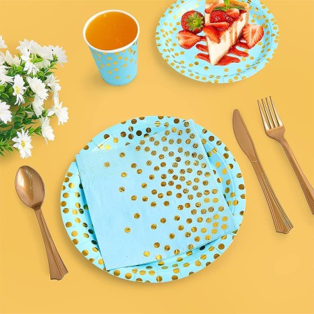 Set 10 Farfurii Unica Folosinta, Flippy, Imprimeu cu Buline, din Carton, Diametru 23 cm, Albastru/Auriu