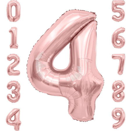 Balon din Folie Metalizata Flippy, Figurina Cifra, Tema Aniversare 40 cm, Ambalaj Individual, Pai inclus, Umflare cu Aer sau Heliu, Rose Gold, Cifra 4