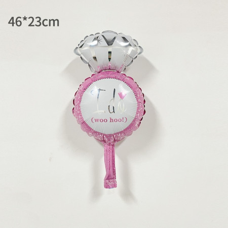 Balon din Folie Metalizata, Flippy, Mini Figurine Nunta, Model Inel de Logodna, Tematica Cerere in Casatorie, 46x23 cm, Ambalaj Individual, Pai Inclus, Umflare cu Aer sau Heliu, Roz