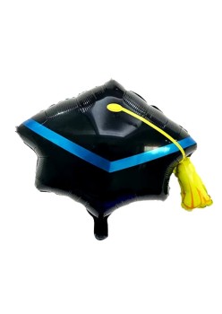 Balon din Folie Metalizata, Flippy, Figurina, Model Toca Congrats Grad, Tematica Absolvire, 56x70 cm, Ambalaj Individual, Pai Inclus, Umflare cu Aer sau Heliu, Negru-Albastru