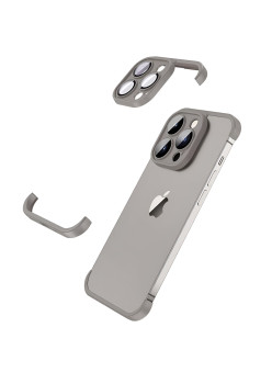 Husa Metalica Edgeless Compatibila cu iPhone 15, Flippy, Protectie pentru Colturi si Camera, Aliaj, Antisoc, Antizgariere, Gri Mat