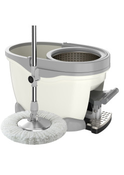 Set Galeata cu Pedala si Mop Rotativ 360°, Flippy, Cu Actiune Centrifuga x4, Pentru Uz Casnic, Maner din Otel Inoxidabil Telescopic, 2 Capte din Bumbac, 46x30x28 cm, Alb Ivoir