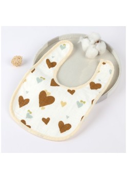 Baveta din Bumbac pentru Copii, Flippy, 0-12 Luni, 21x30 cm, Rezistenta la Apa, cu Capse, Model cu Inimioare, Bej
