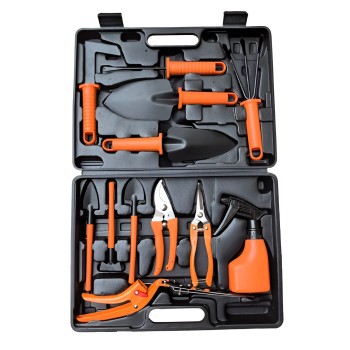 Set 12 Unelte Grădină cu Mânere Portocalii, pentru Plantare și Îngrijire, PVC & Carton, Cutie Inclusă, 37x28 cm, Negru