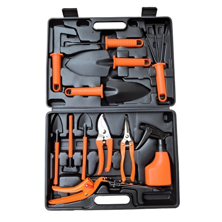 Set 12 Unelte Grădină cu Mânere Portocalii, pentru Plantare și Îngrijire, PVC & Carton, Cutie Inclusă, 37x28 cm, Negru