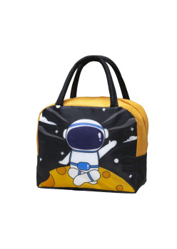 Geanta Termoizolanta pentru Copii, Flippy, 23x13x19 cm, Model Imprimeu Astronaut, din Folie de Aluminiu si Panza Oxford, Negru/Portocaliu