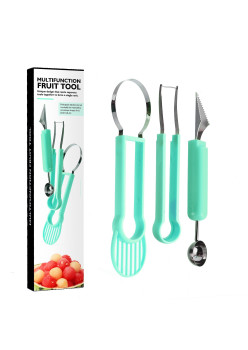 Ustensila bucatarie 4 in 1 pentru taiat si decorat fructe Flippy, material inox si plastic, compact, 28x6.2 cm, verde