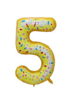 Balon din Folie Metalizata Flippy, Figurina Cifra, Imprimeu Gogosi, Tema Aniversare 100 cm, Ambalaj Individual, Pai inclus, Umflare cu Aer sau Heliu, Multicolor, Cifra 5