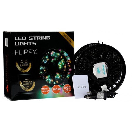 Instalatie Craciun liniara cu transformator, 100m, multicolor, 1000 LED-uri, fir negru, 8 jocuri de lumini, Flippy
