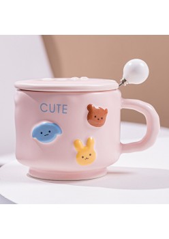 Cana ceramica, Flippy, Model Cute, cu capac si lingura, Roz