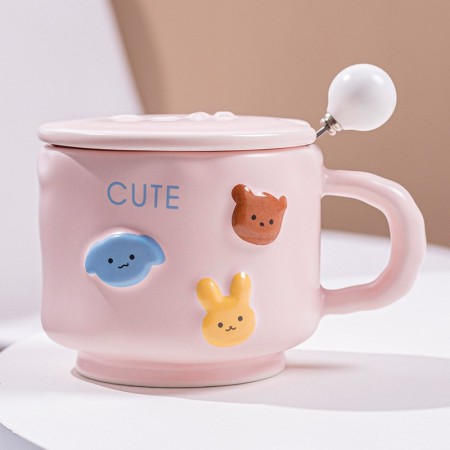 Cana ceramica, Flippy, Model Cute, cu capac si lingura, Roz
