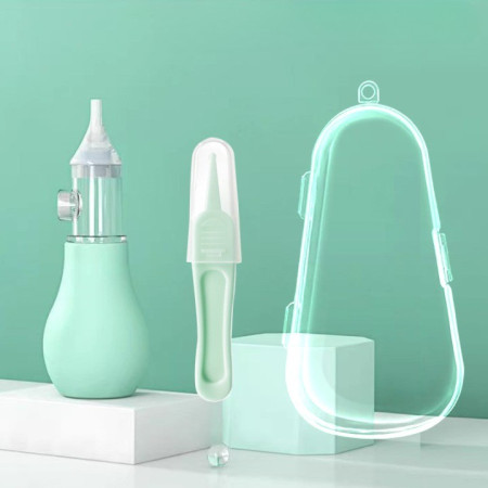 Aspirator nazal manual pentru bebelusi, anti-reflux, varf silicon, cu penseta si cutie depozitare, reutilizabil, verde