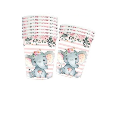 Set 10 Pahare, Flippy, Imprimeu Elefant, din Carton, 7.5 x 8.5 cm, Roz