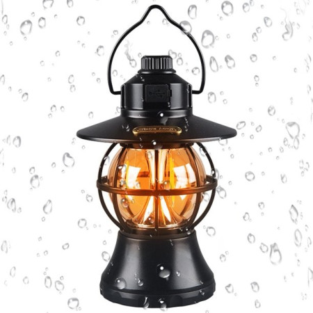 Lampă Camping Retro Portabilă Neagră, Felinar LED Vintage, 1200mAh, Reîncărcabilă, 3 Moduri Iluminare, Intensitate Reglabilă, 20 cm, Cârlig Agățare