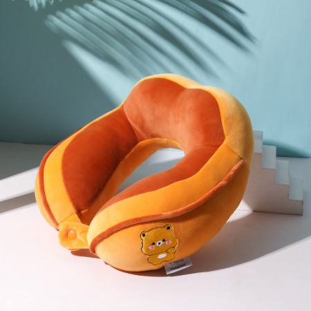 Pernă de Călătorie pentru Gât și Cap, Suport Ergonomic, Umplutură Moale din Bumbac, Model Brodat Urs, 28x28x10 cm, Portocaliu