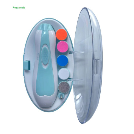 Pila electrica unghii bebelusi, 6 accesorii, 4 viteze, 0-3 ani, silentioasa, lumina LED, albastru