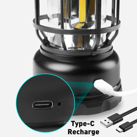 Lampa Camping Portabilă Retro, 30 COB LED, Intensitate Reglabilă, Încărcare Solară & USB, Acumulator Inclus, Negru, 5W