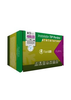 Instalatie Craciun, Tip Perdea, IP44, 4 m x 2 m, 480 LED-uri, Alb rece, cu flash, Transformator cu telecomanda, Interconectabila, Prelungitor 5 m inclus, Fir transparent, Interior/ Exterior, Flippy
