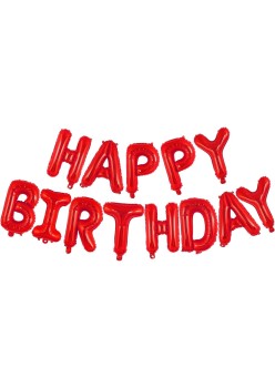 Set Baloane din Folie Metalizata, Flippy, Model Happy Birthday, Litere de 40 cm, Baloane Party, Ambalaj Individual, Pai, Ata si Adeziv Incluse, Umflare cu Aer sau Heliu, Rosu