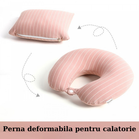 Pernă TravelFlex 2în1, Confort Ergonomic, Umplutură cu Particule de Spumă cu Memorie, Design Versatil, Roz
