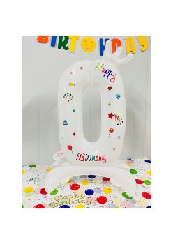 Balon din Folie Metalizata, Flippy, Figurina Cifra, Model 0 cu Happy Birthday Scris, Tema Aniversare 81 cm, Ambalaj Individual, Pai Inclus, Umflare cu Aer sau Heliu, Alb