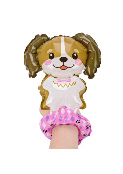 Balon din Folie Metalizata, Flippy, Figurine Animalute, Tip Bratara, Model Catel, 13 x 35 cm, Ambalaj Individual, Pai Inclus, Umflare cu Aer sau Heliu, Maro