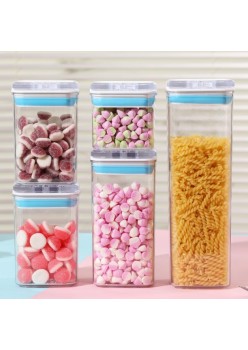Cutii de Depozitare Alimente, Flippy, Set din 5 Cutii de tip Container, 1x0.5 l, 2x0.8 l, 1x1.2 l, 1x1.9 l, Recipiente pentru Cereale in Bucatarie,  Transparente cu Capac Albastru-Alb
